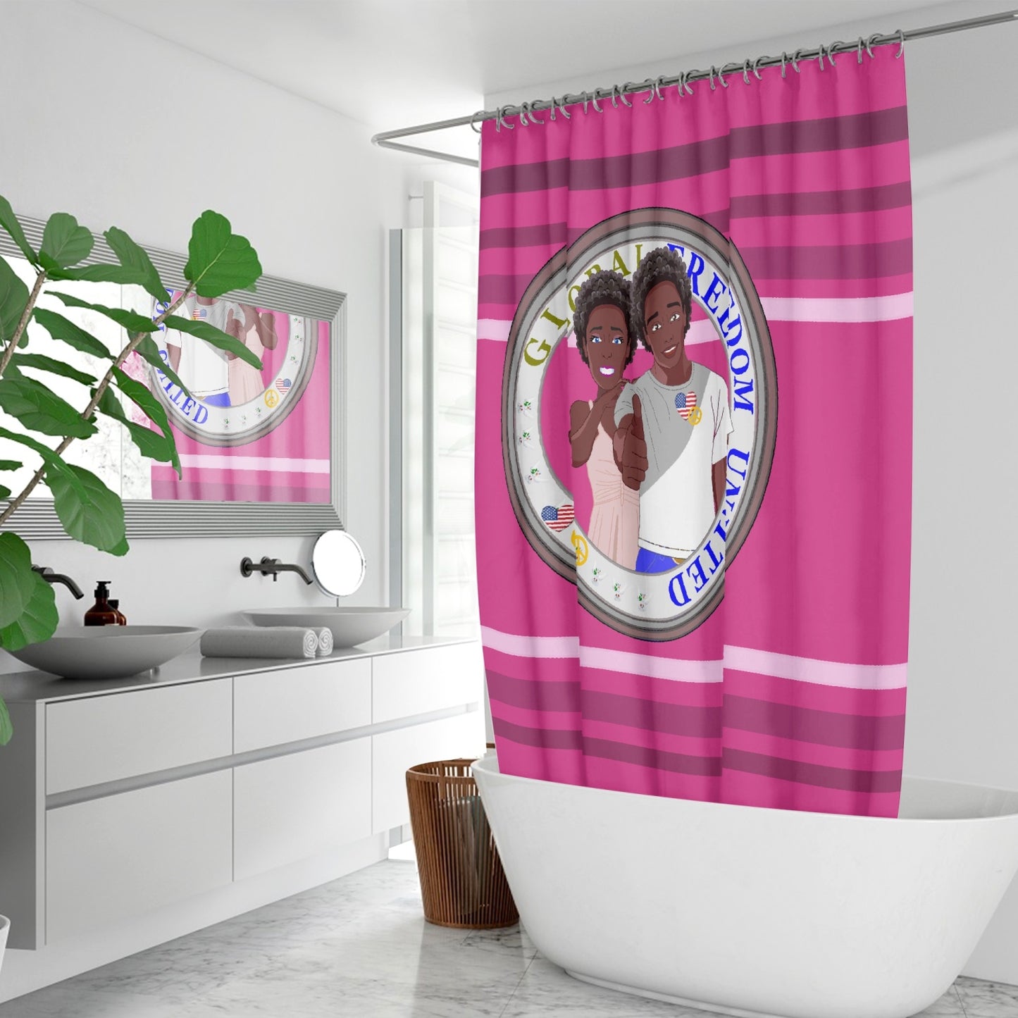 Quick-drying Shower Curtain GLOBAL FREEDOM UNITED© Couple USA Afro American Pink