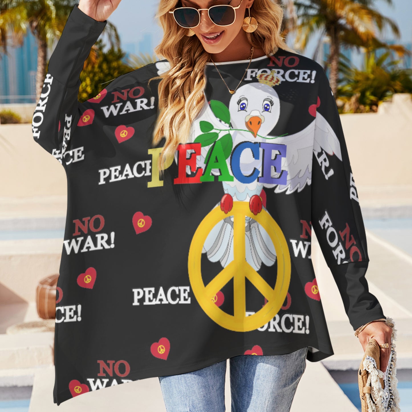 Pullover Long Sleeve T-shirt  GLOBAL FREEDOM UNITED© Dove Of Peace V1 Black