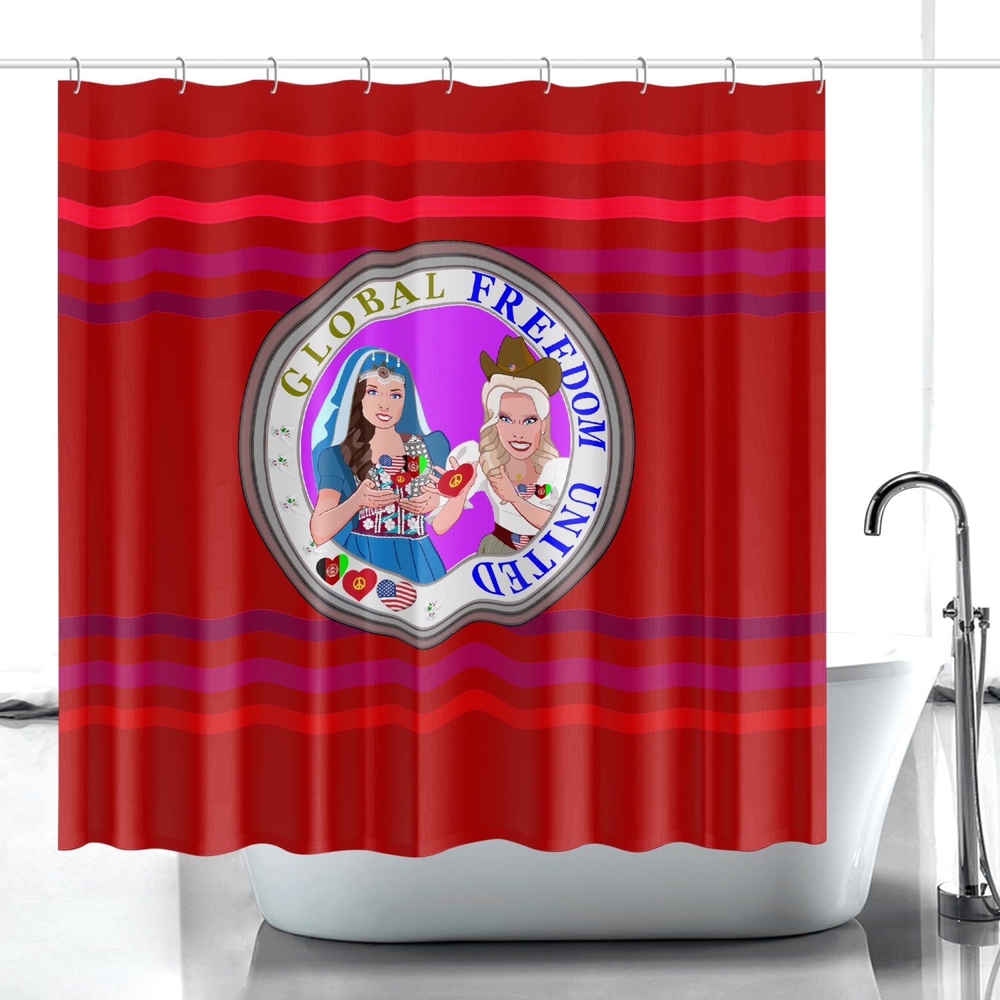 Quick-drying Shower Curtain GLOBAL FREEDOM UNITED© Women Afghanistan & USA Red