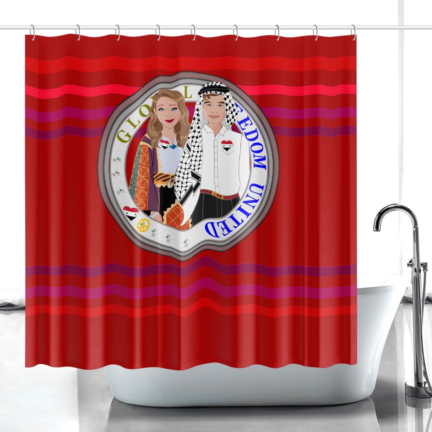 GLOBAL FREEDOM UNITED© Couple Syria Red - Quick-drying Shower Curtain