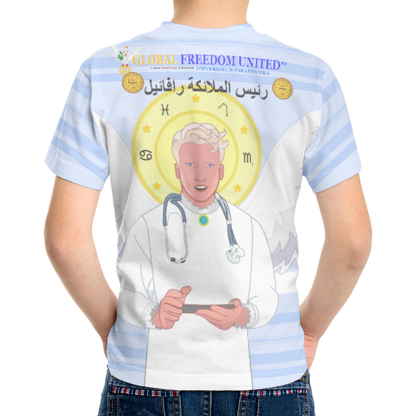 Kid´s T-shirt GLOBAL FREEDOM UNITED© Archangel Rafael Arabic Light Blue