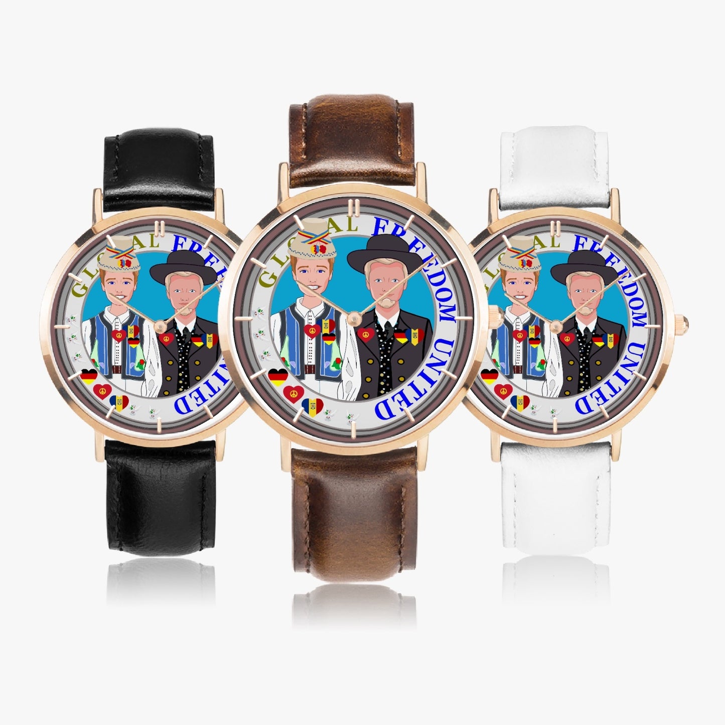 GLOBAL FREEDOM UNITED© Hot Selling Ultra-Thin Leather Strap Quartz Watch (Rose Gold With Indicators) Men Romania & Germany