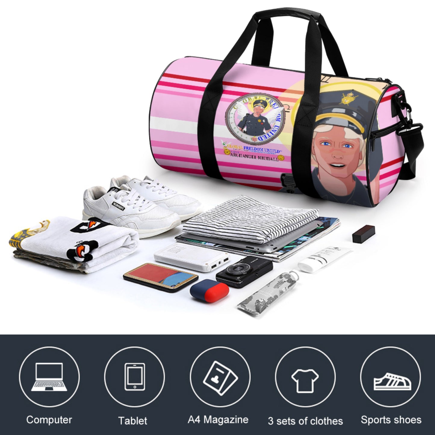 Cylindrical Gym Bag GLOBAL FREEDOM UNITED© Archangel Michael As Policemen Pink1
