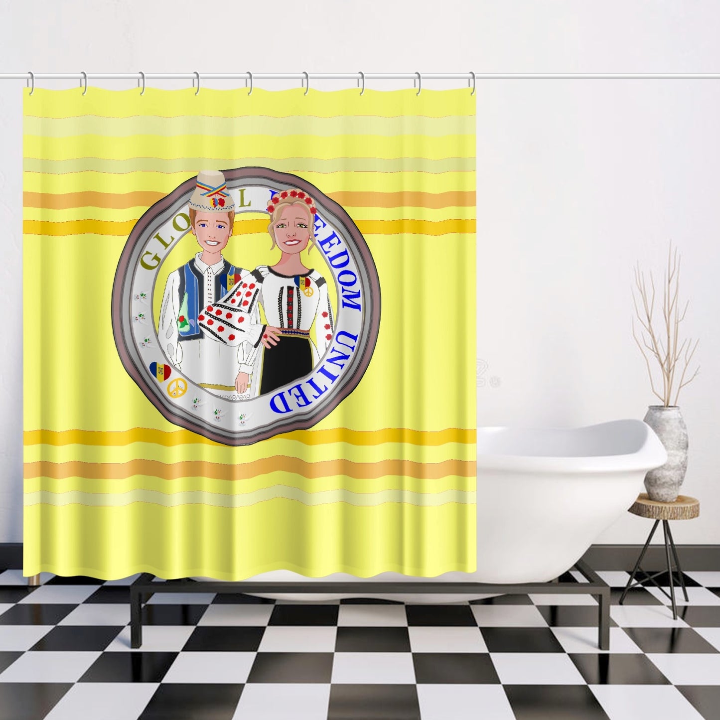 GLOBAL FREEDOM UNITED© Couple Romania Yellow - Quick-drying Shower Curtain