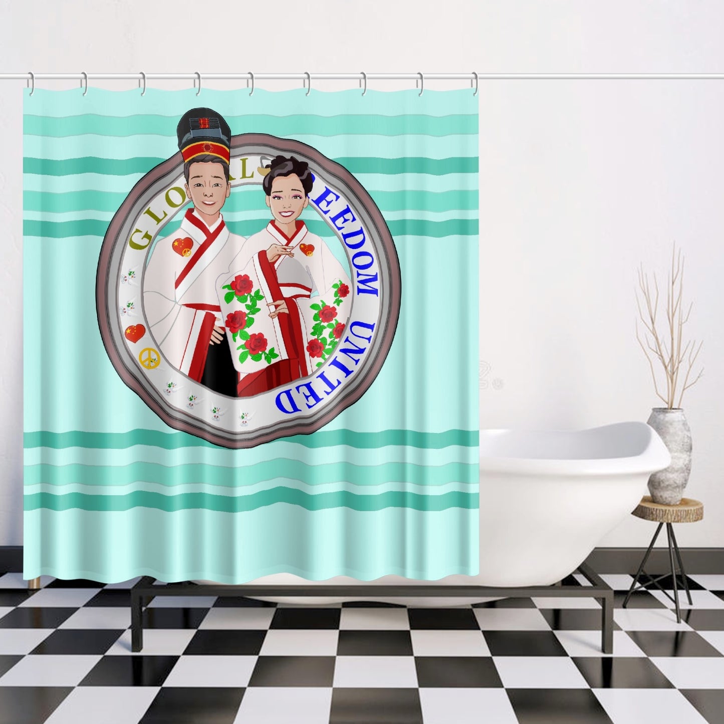 GLOBAL FREEDOM UNITED© Couple China Light Green - Quick-drying Shower Curtain