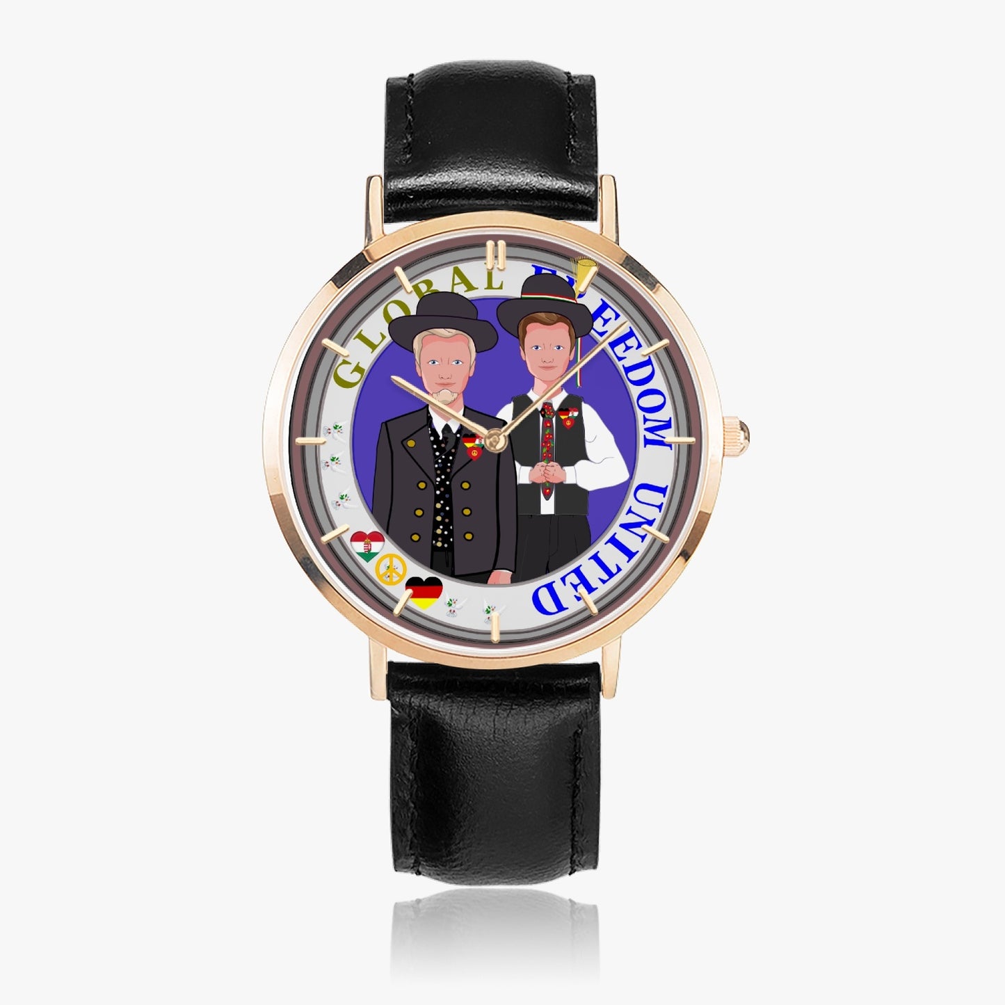 GLOBAL FREEDOM UNITED© Hot Selling Ultra-Thin Leather Strap Quartz Watch (Rose Gold With Indicators) Men Germany & Hungary