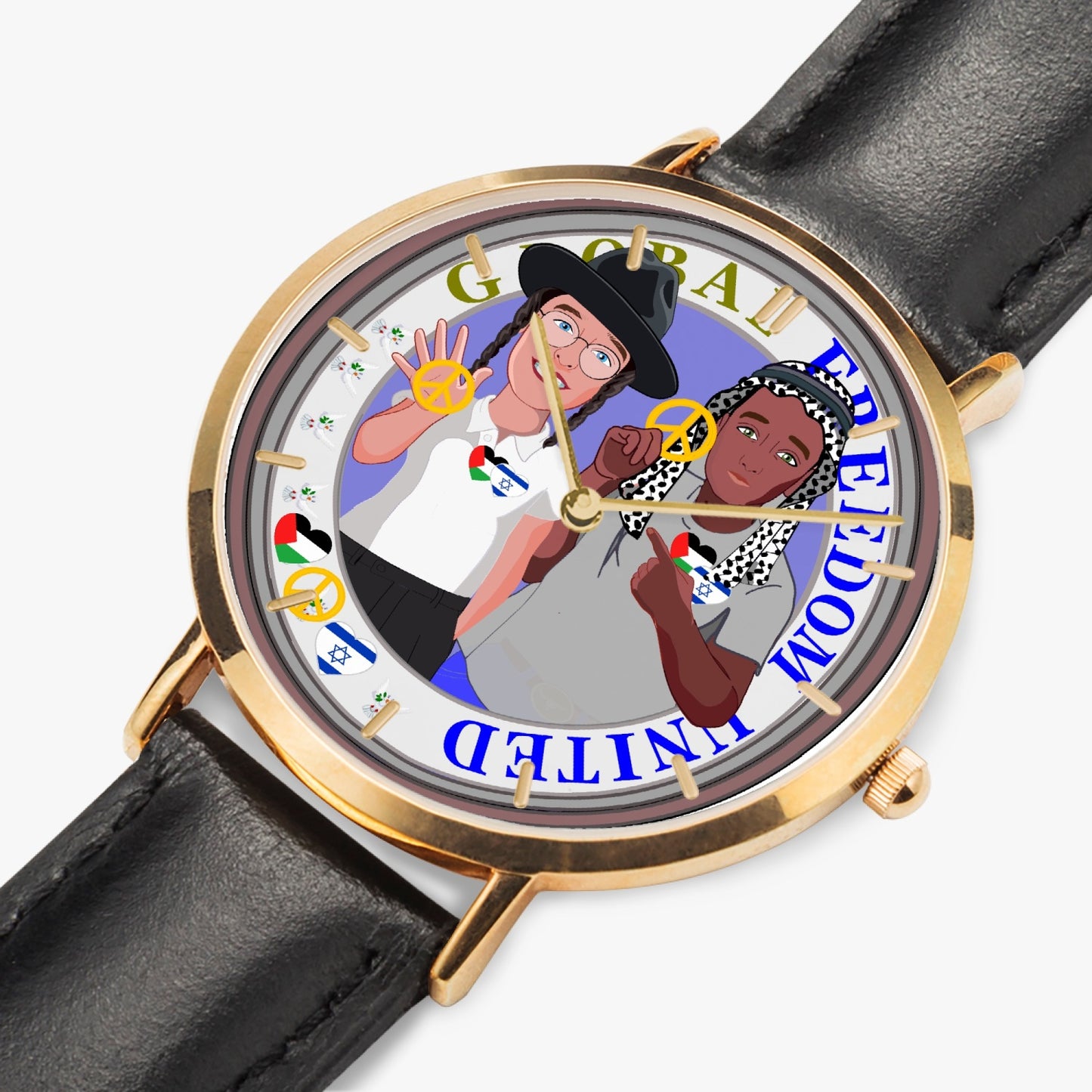 Hot Selling Ultra-Thin Leather Strap Quartz Watch (Rose Gold With Indicators) GLOBAL FREEDOM UNITED MEN ISRAEL & PALESTINA