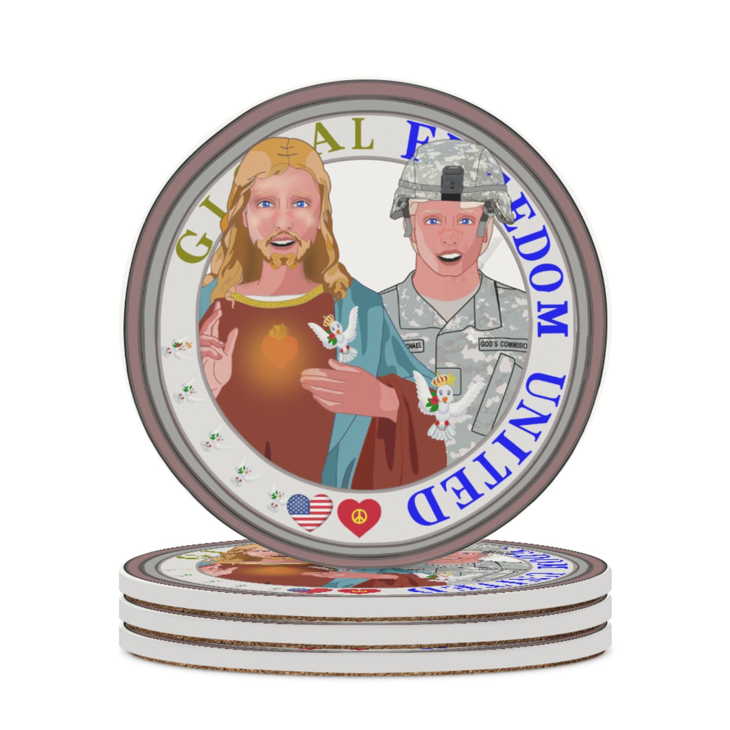 Ceramic Coasters GLOBAL FREEDOM UNITED© Jesus Is A Hero Veteran For Us American Soldiers