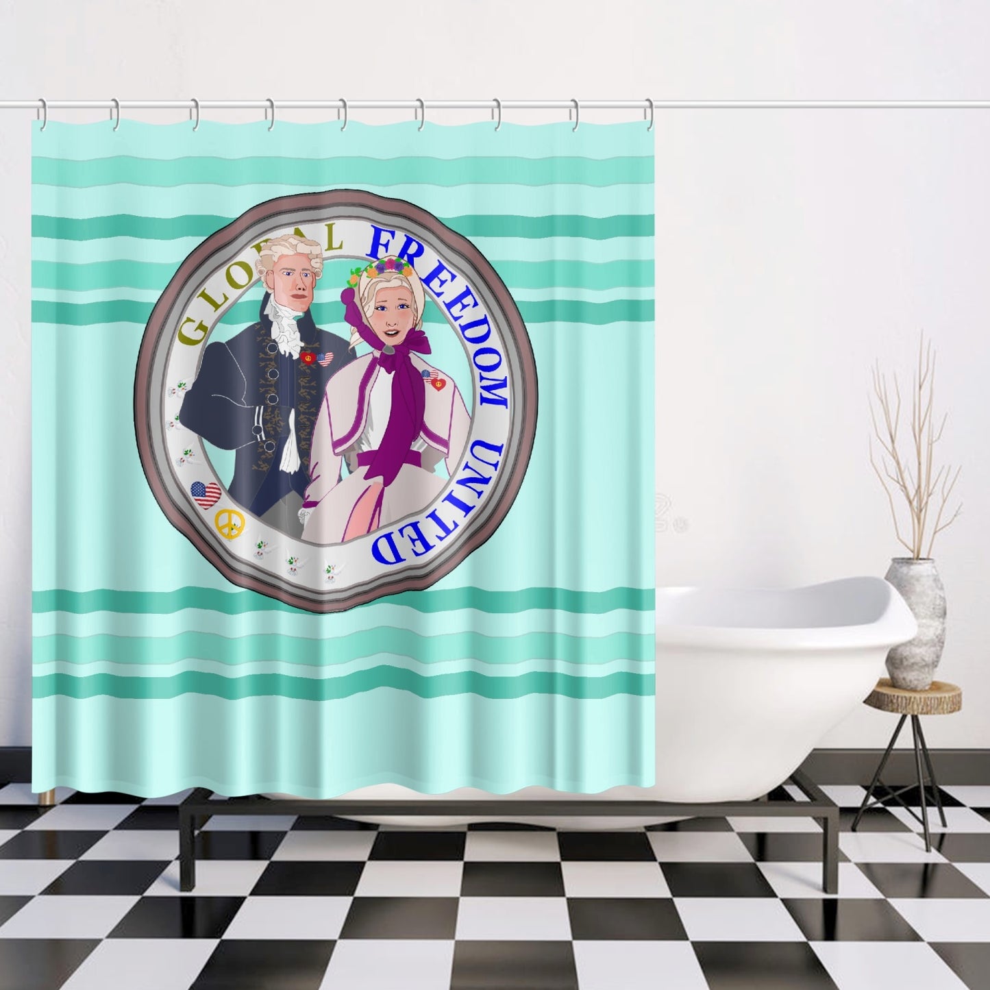 GLOBAL FREEDOM UNITED© Couple USA Georg Washington Light Green - Quick-drying Shower Curtain