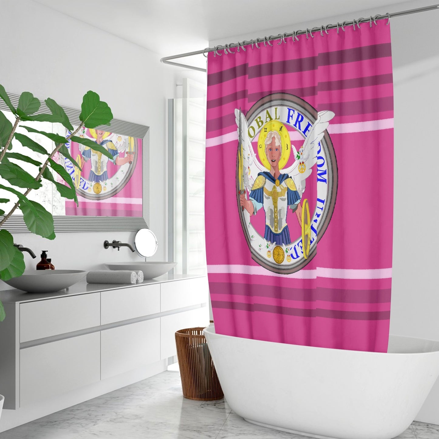 Quick-drying Shower Curtain GLOBAL FREEDOM UNITED© Archangel Michael Version 1 Pink2