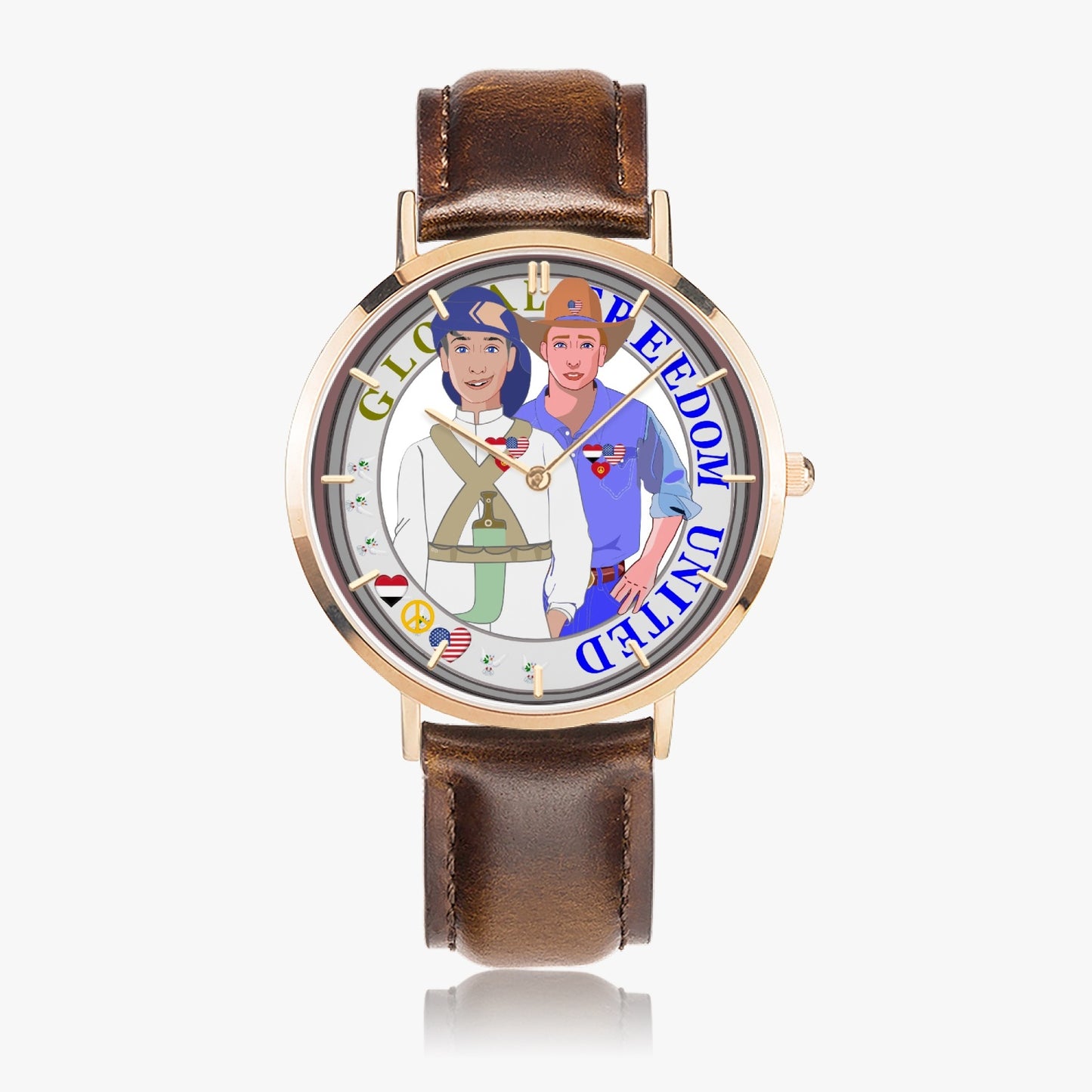 GLOBAL FREEDOM UNITED© Hot Selling Ultra-Thin Leather Strap Quartz Watch (Rose Gold With Indicators) Men Yemen & USA