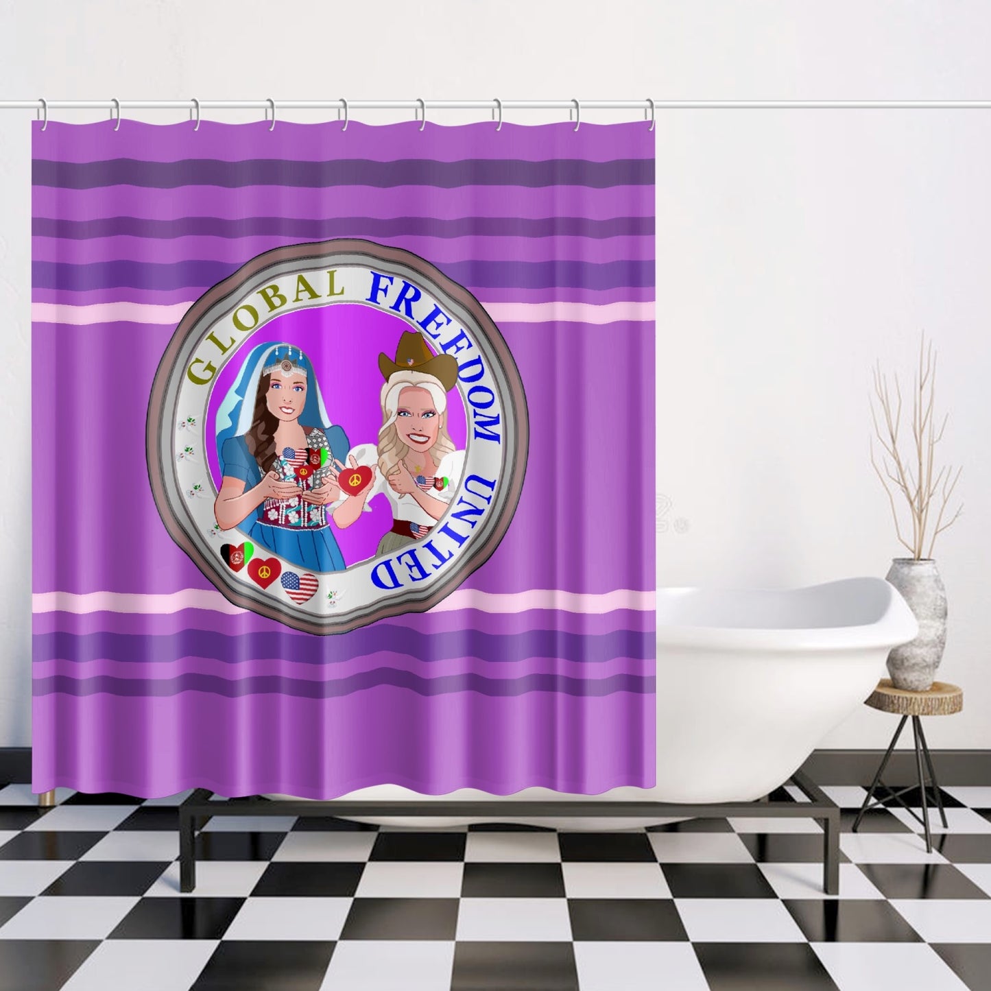 Quick-drying Shower Curtain GLOBAL FREEDOM UNITED© Women Afghanistan & USA LILAC