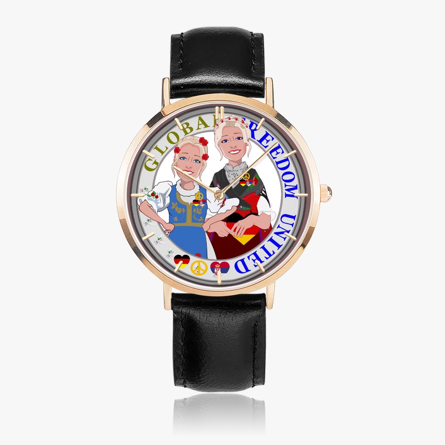 GLOBAL FREEDOM UNITED© Hot Selling Ultra-Thin Leather Strap Quartz Watch (Rose Gold With Indicators) Women Serbia & Germany V2