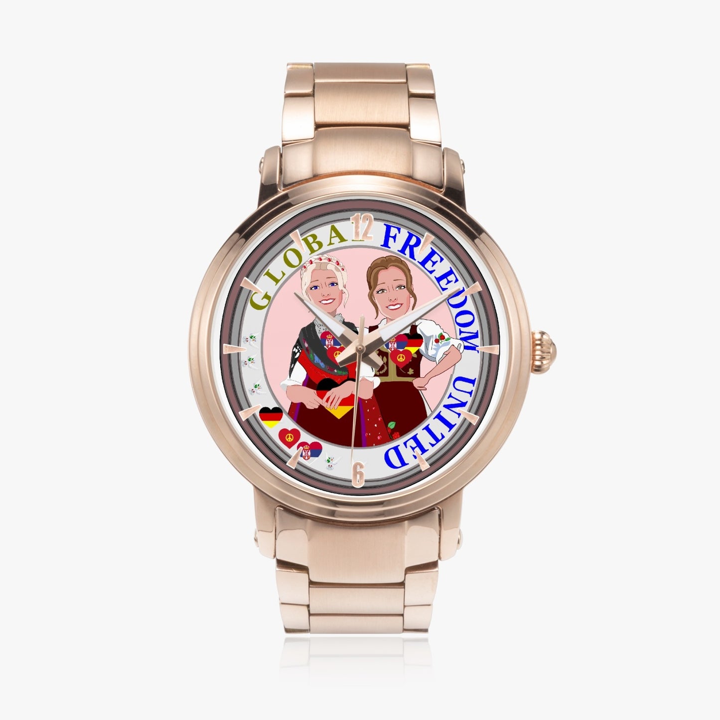 New Steel Strap Automatic Watch (With Indicators) GLOBAL FREEDOM UNITED© Women Serbia & Germany BROWN HAIR