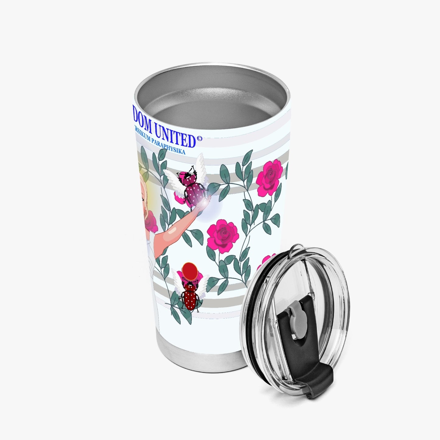 Tumbler GLOBAL FREEDOM UNITED© UNIVERSIKUM PARAPHYSIKA SPIRITUEL Pink ROSES with Skarabeus Beetle