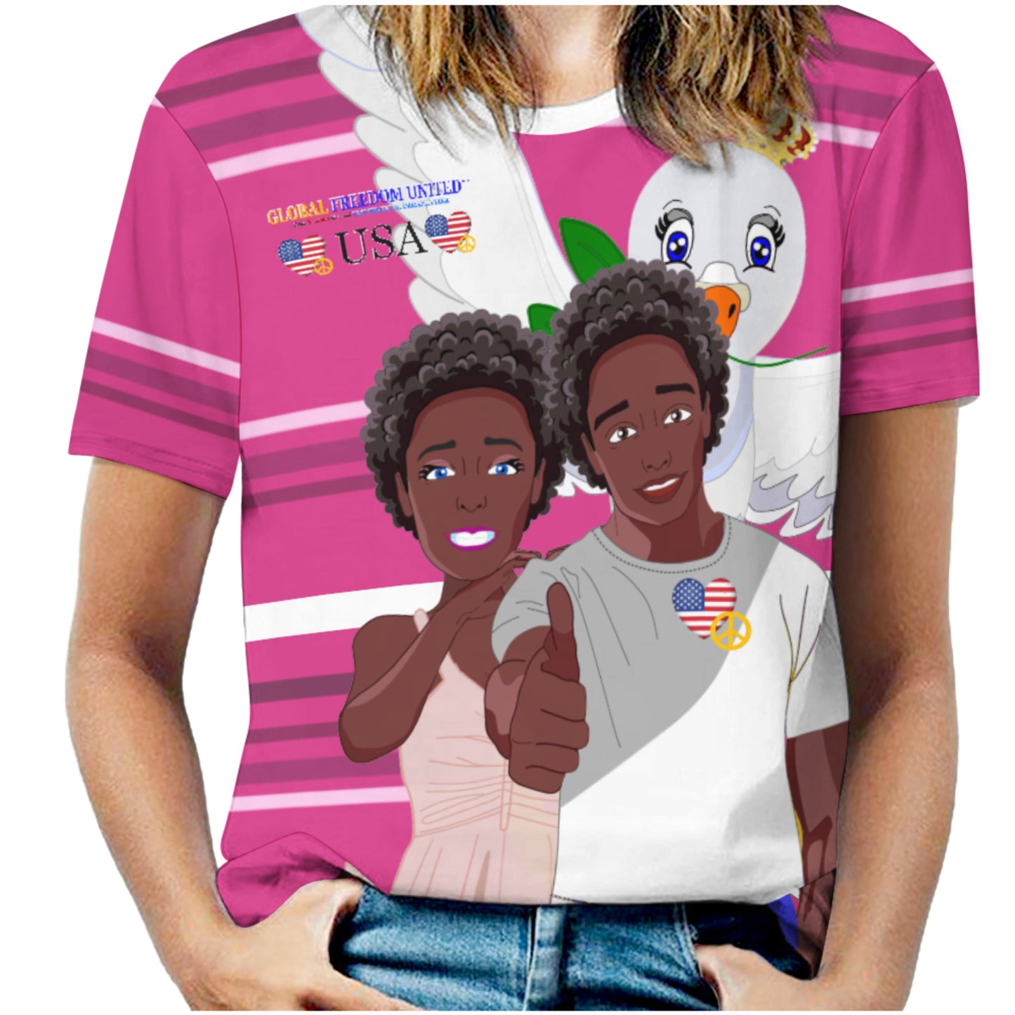 Women´s T-shirt 2 GLOBAL FREEDOM UNITED© Couple USA Afro American Pink