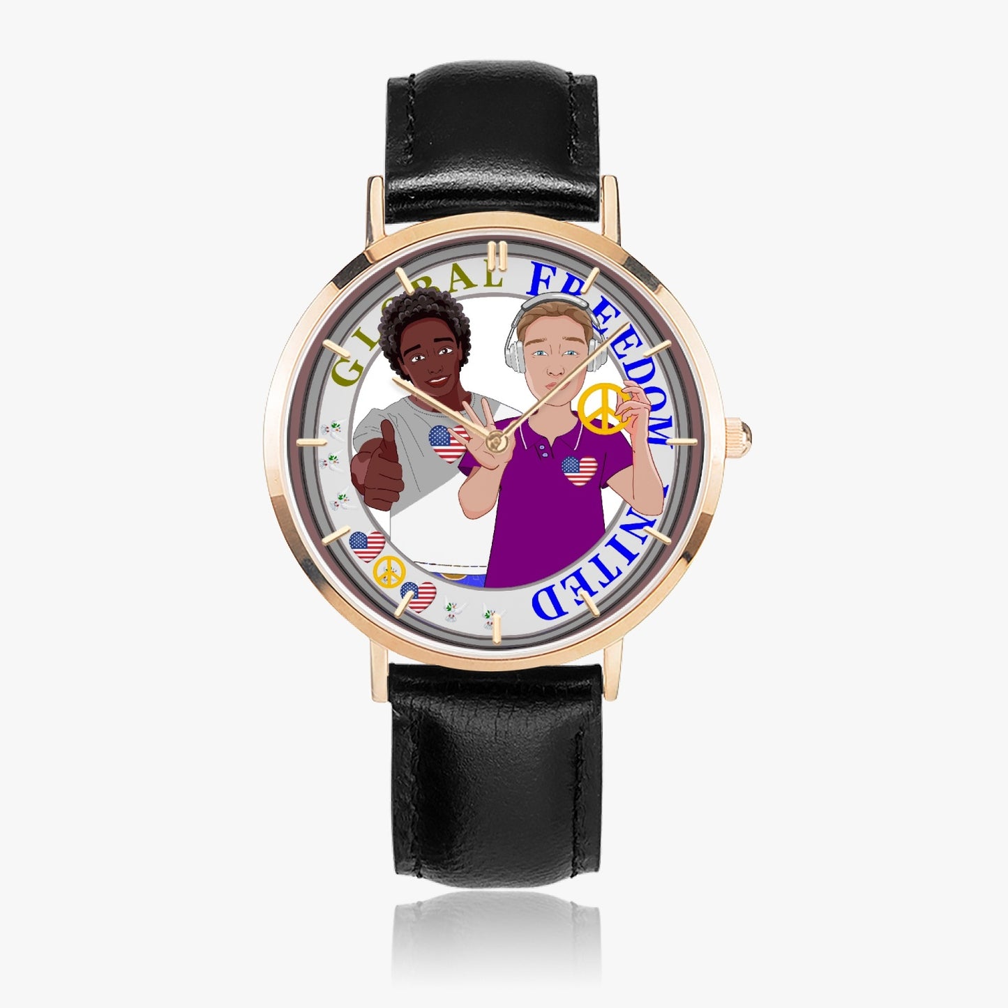 GLOBAL FREEDOM UNITED© Hot Selling Ultra-Thin Leather Strap Quartz Watch (Rose Gold With Indicators) Men ANTI FASCISM & RACISM  USA