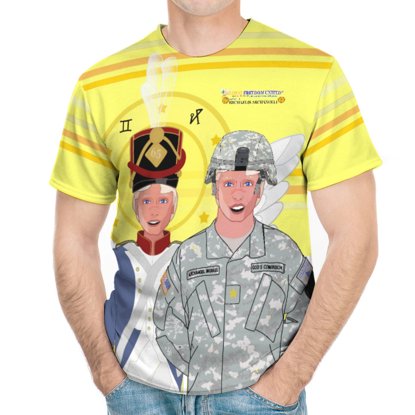 Men´s T-shirt  GLOBAL FREEDOM UNITED© Archangel Michael In Latin V3 Yellow