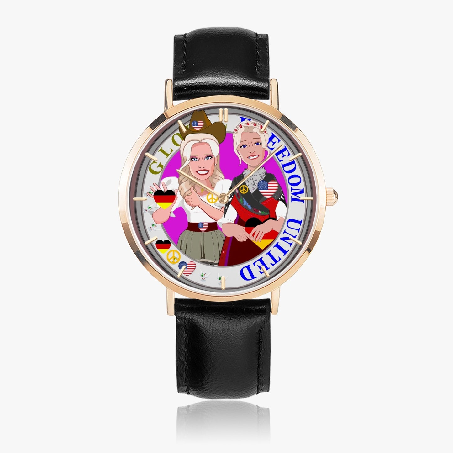 GLOBAL FREEDOM UNITED© Hot Selling Ultra-Thin Leather Strap Quartz Watch (Rose Gold With Indicators) Women USA & Germany