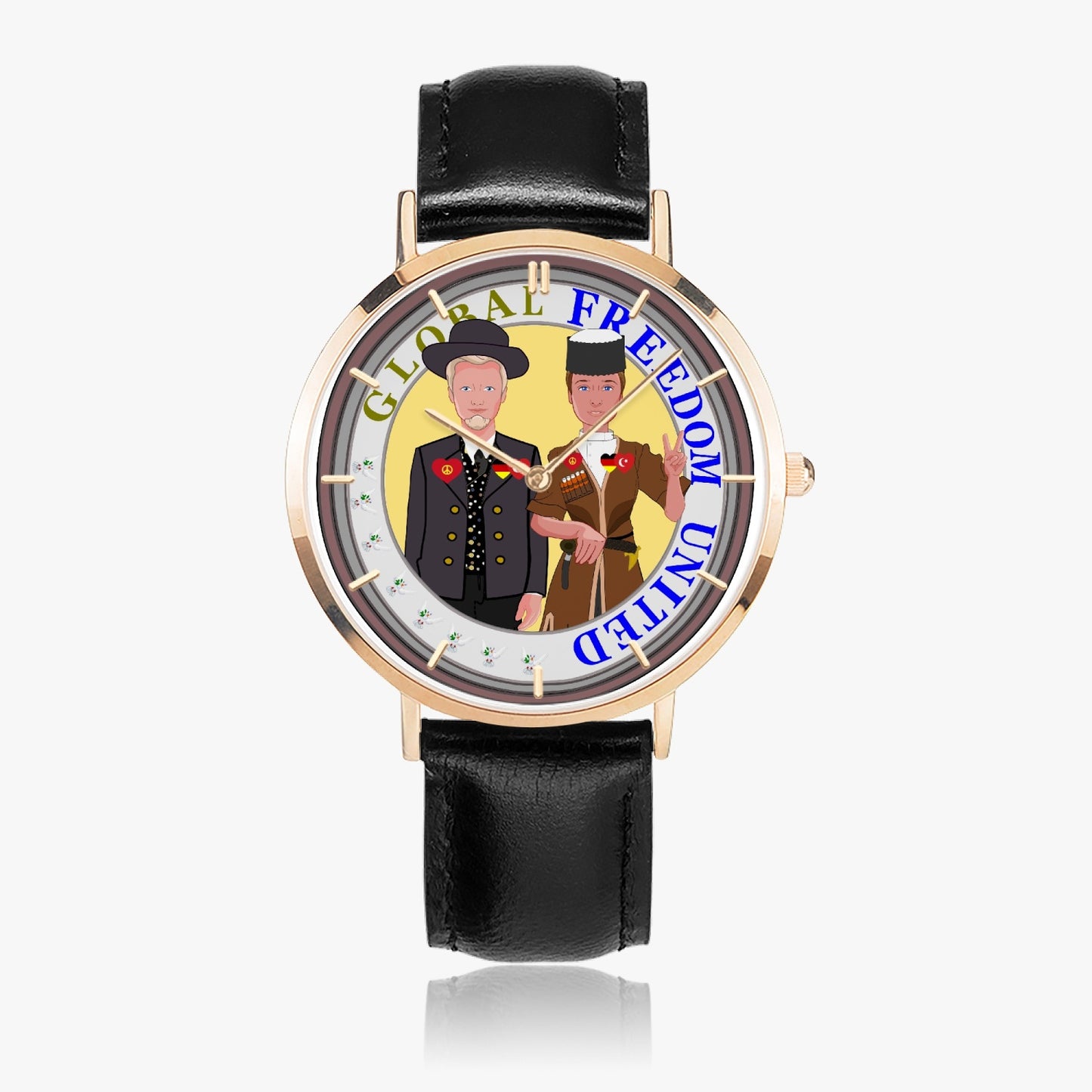 Hot Selling Ultra-Thin Leather Strap Quartz Watch (Rose Gold With Indicators) GLOBAL FREEDOM UNITED MEN TURKEY & GERMANY