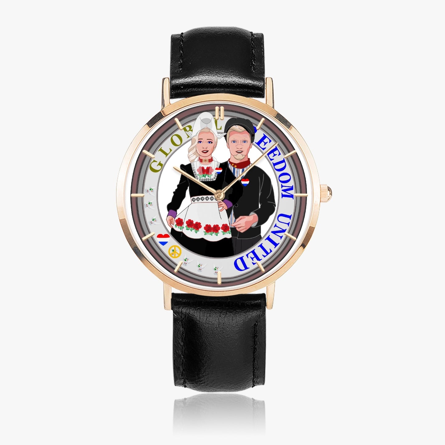 GLOBAL FREEDOM UNITED© Couple Nederland Hot Selling Ultra-Thin Leather Strap Quartz Watch (Rose Gold With Indicators)