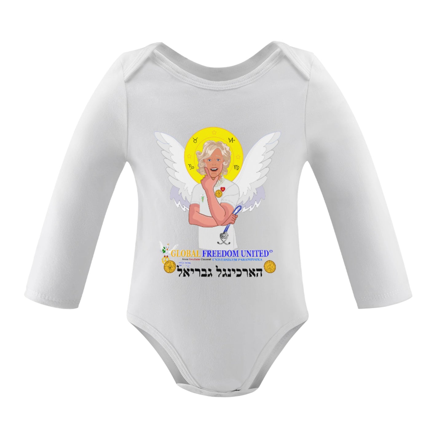 Baby Long-sleeve Bodysuit GLOBAL FREEDOM UNITED© Archangel Gabriel 2 Hebrew