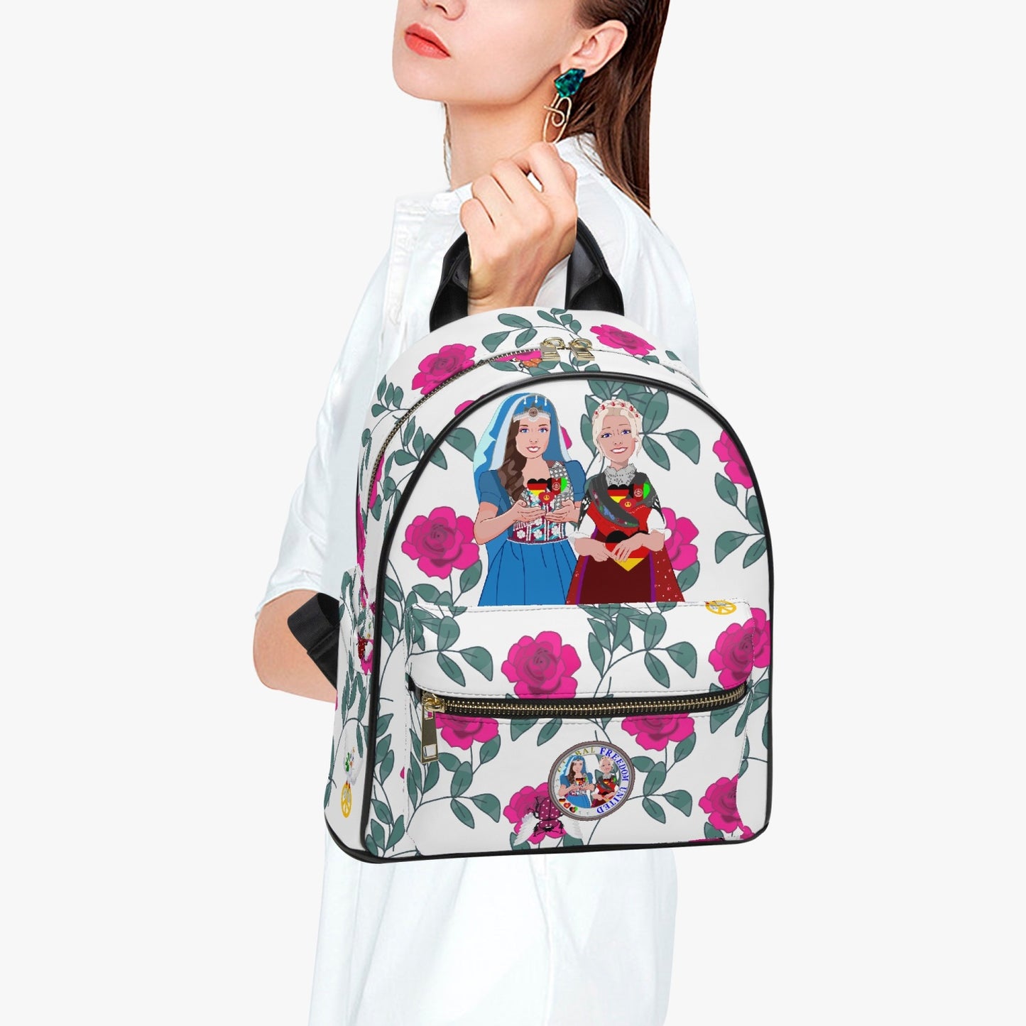 GLOBAL FREEDOM UNITED© Women Afghanistan & Germany Pink Roses - All Over Printed PU Backpack