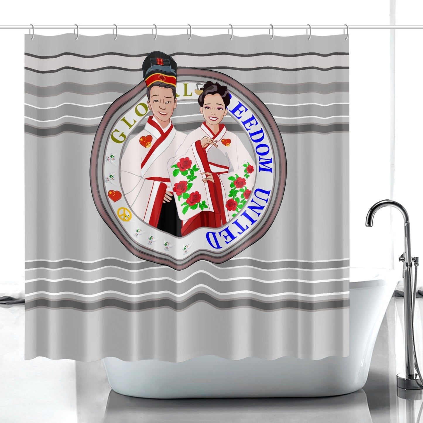 GLOBAL FREEDOM UNITED© Couple China Grey - Quick-drying Shower Curtain