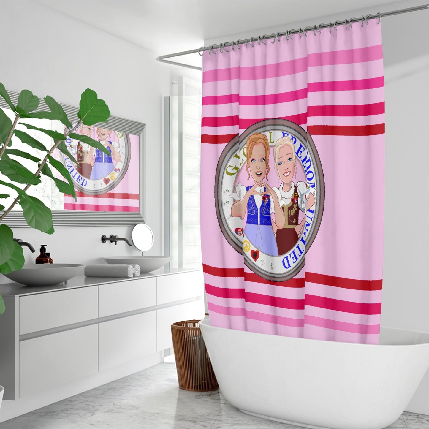 Quick-drying Shower Curtain GLOBAL FREEDOM UNITED© Women Albania & Serbia Pink