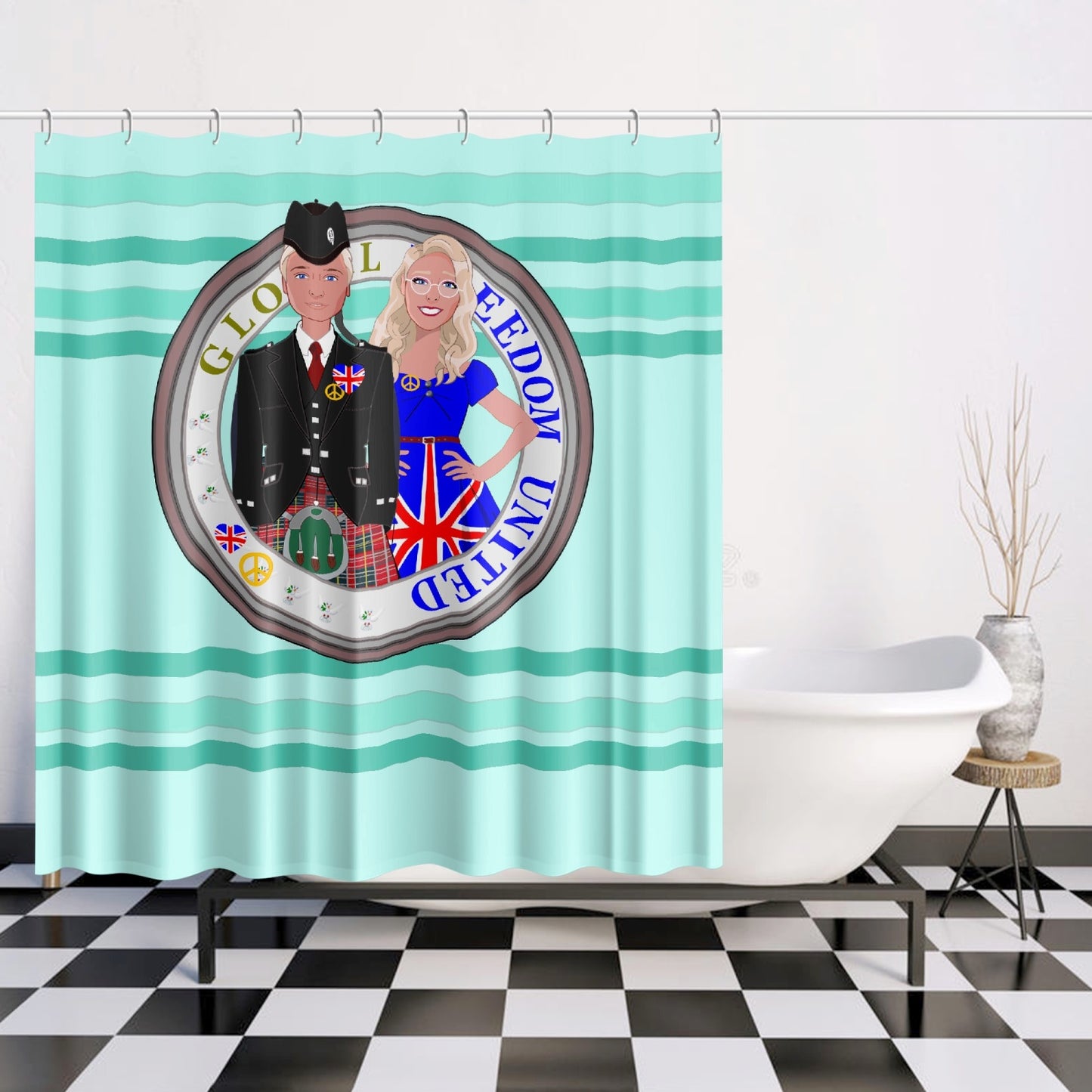 GLOBAL FREEDOM UNITED© Couple England Light Green - Quick-drying Shower Curtain