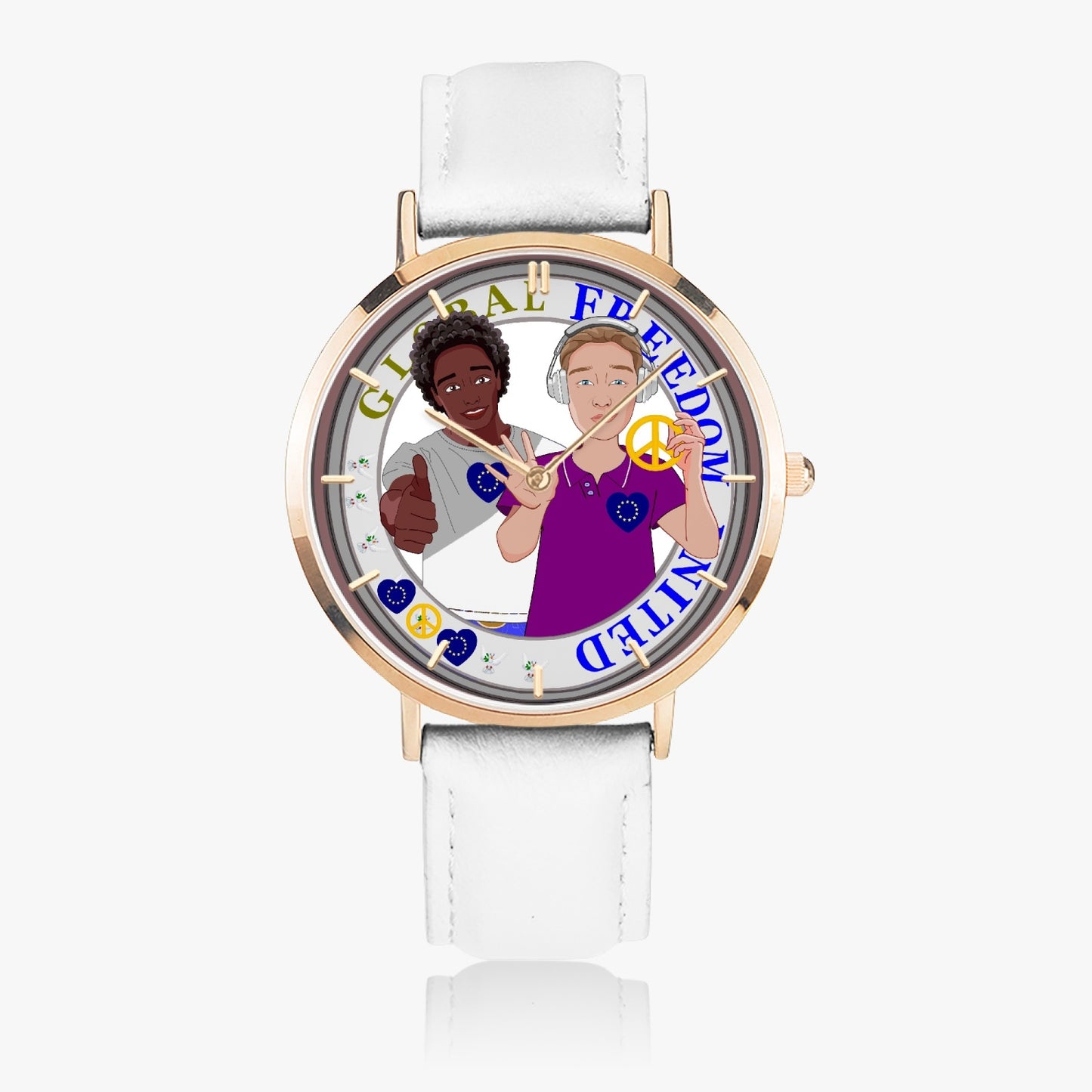 GLOBAL FREEDOM UNITED© Hot Selling Ultra-Thin Leather Strap Quartz Watch (Rose Gold With Indicators) Men ANTI FASCISM & RACISM EUROPE