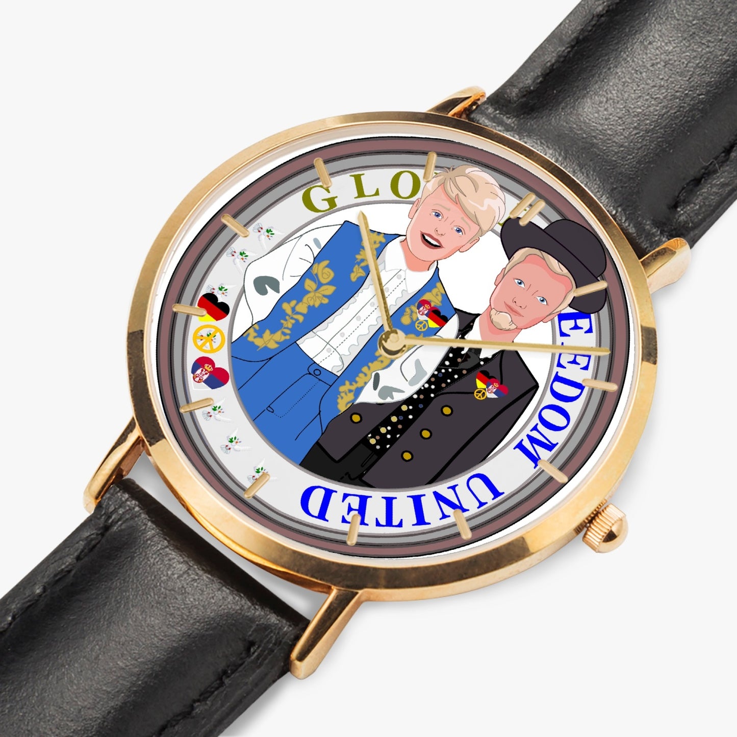 GLOBAL FREEDOM UNITED© Men Serbia & Germany V2 Hot Selling Ultra-Thin Leather Strap Quartz Watch (Rose Gold With Indicators)