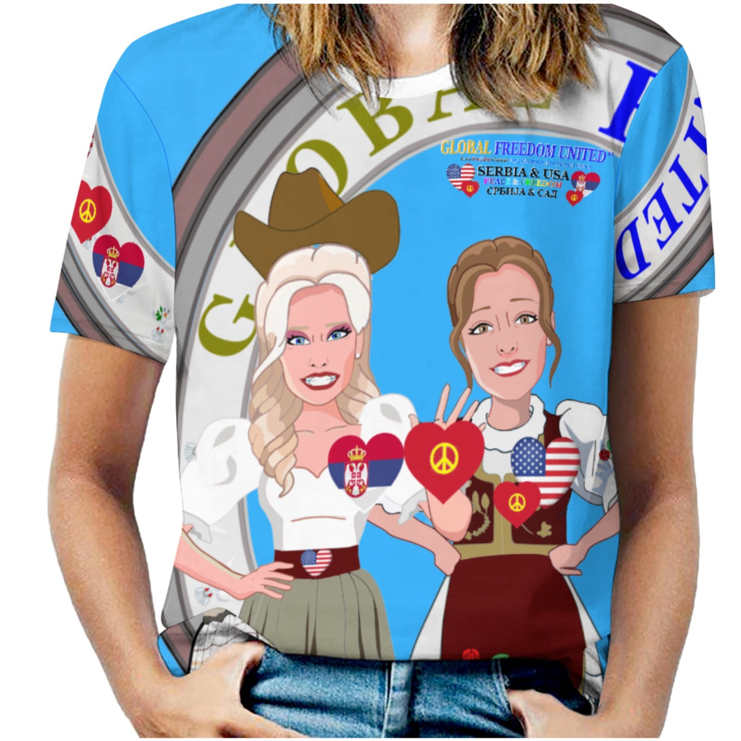 Women´s T-shirt 3 GLOBAL FREEDOM UNITED© Women Serbia & USA Blue