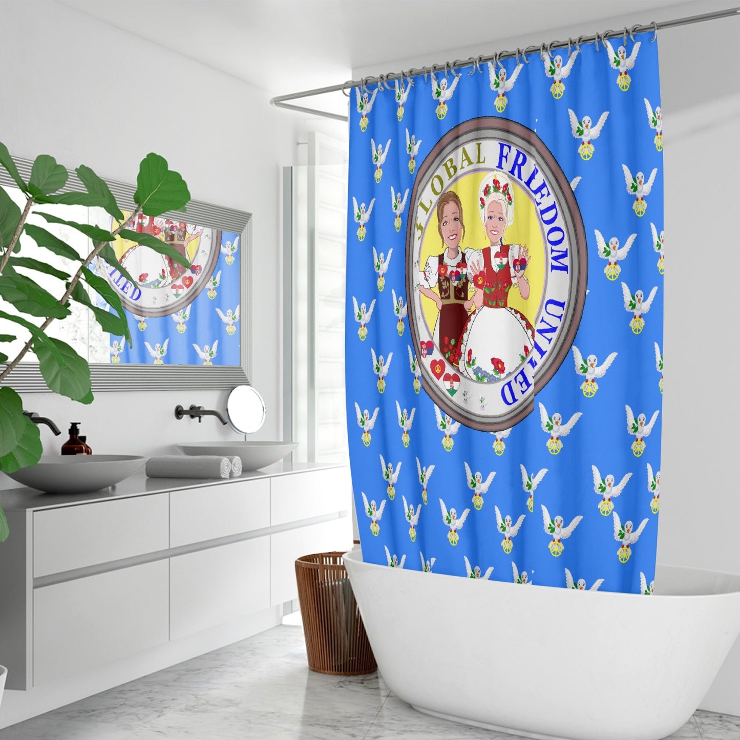 GLOBAL FREEDOM UNITED© WOMEN HUNGARY & SERBIA OLD PEACE BLUE Quick-drying Shower Curtain