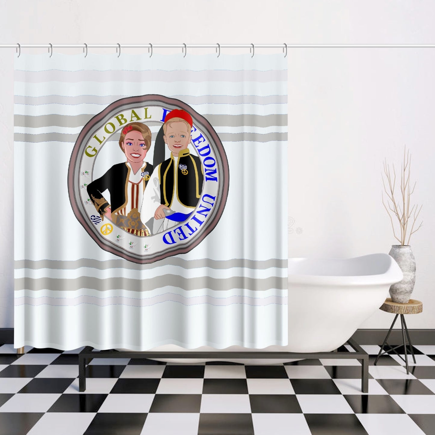 GLOBAL FREEDOM UNITED© Couple Greece wight Quick-drying Shower Curtain