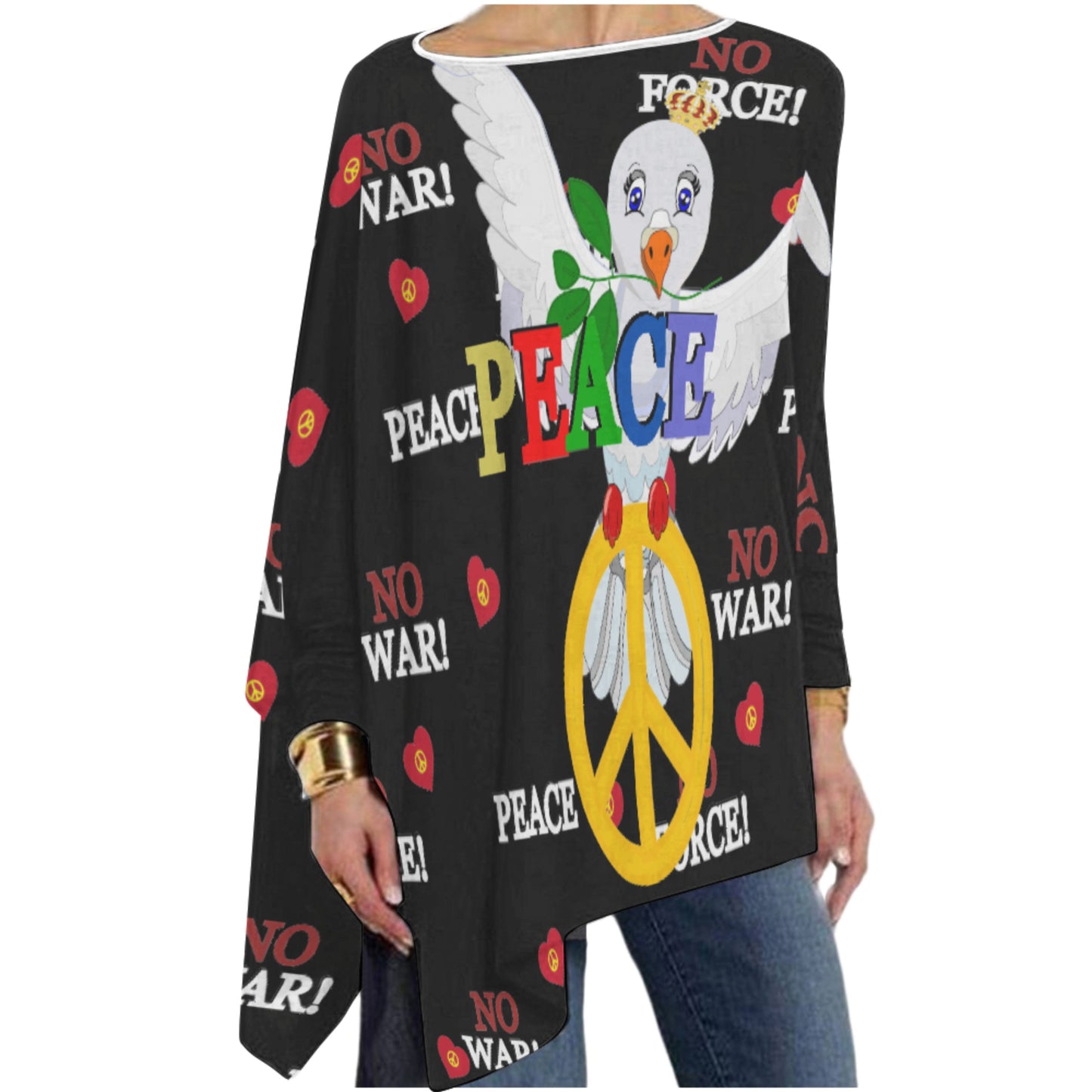 Pullover Long Sleeve T-shirt  GLOBAL FREEDOM UNITED© Dove Of Peace V1 Black