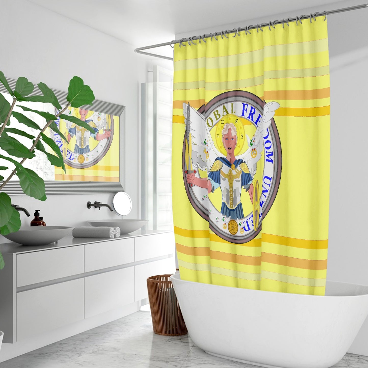 Quick-drying Shower Curtain GLOBAL FREEDOM UNITED© Archangel Michael Version 1 Yellow