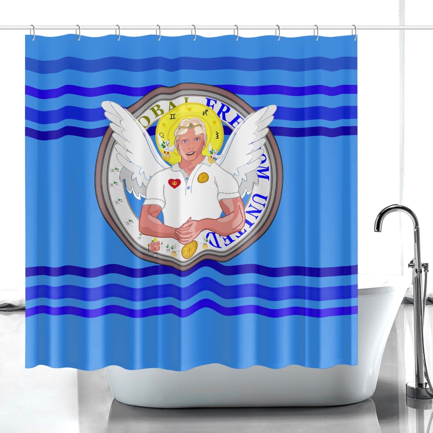 Quick-drying Shower Curtain GLOBAL FREEDOM UNITED© Archangel Michael Version 2 Deep Blue