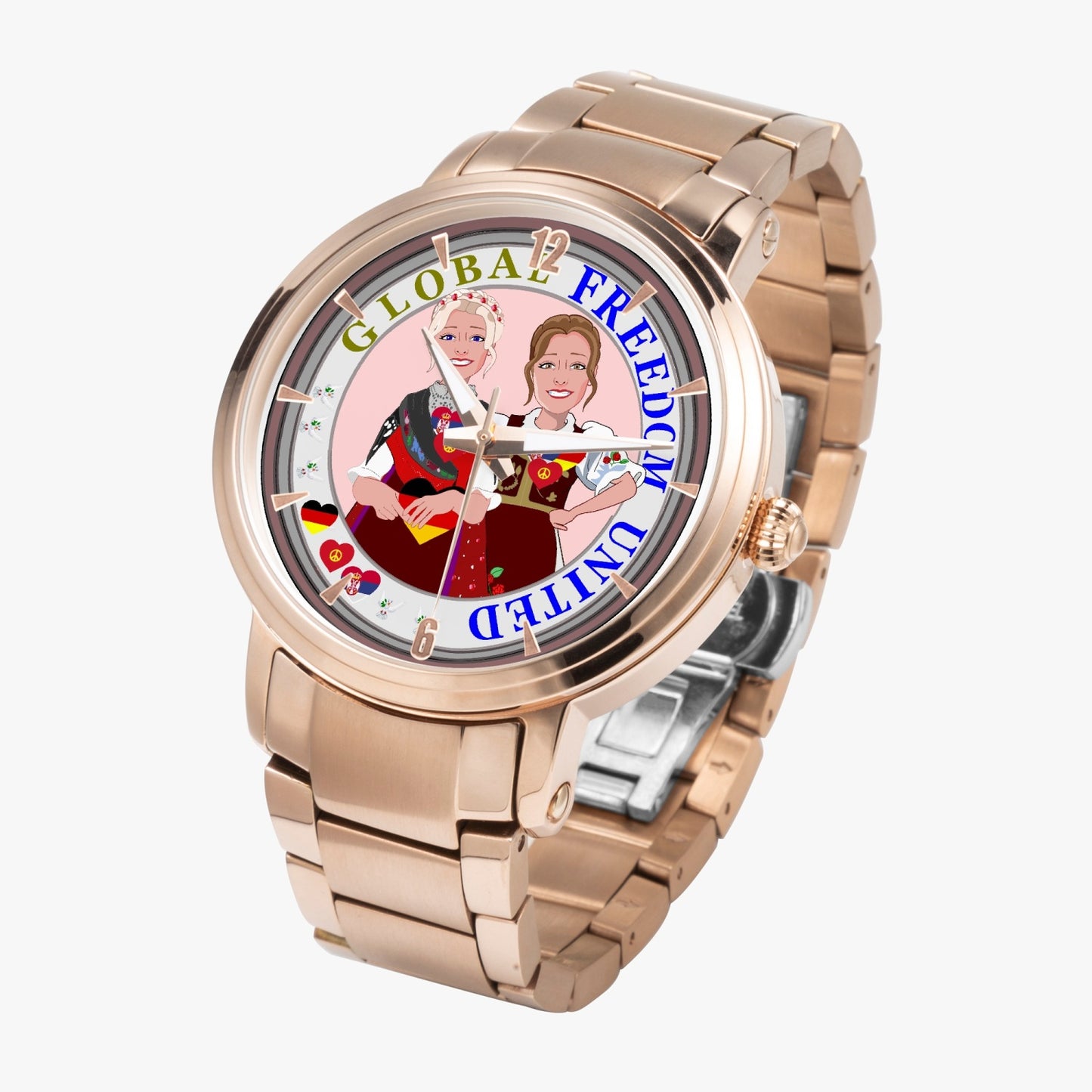 New Steel Strap Automatic Watch (With Indicators) GLOBAL FREEDOM UNITED© Women Serbia & Germany BROWN HAIR