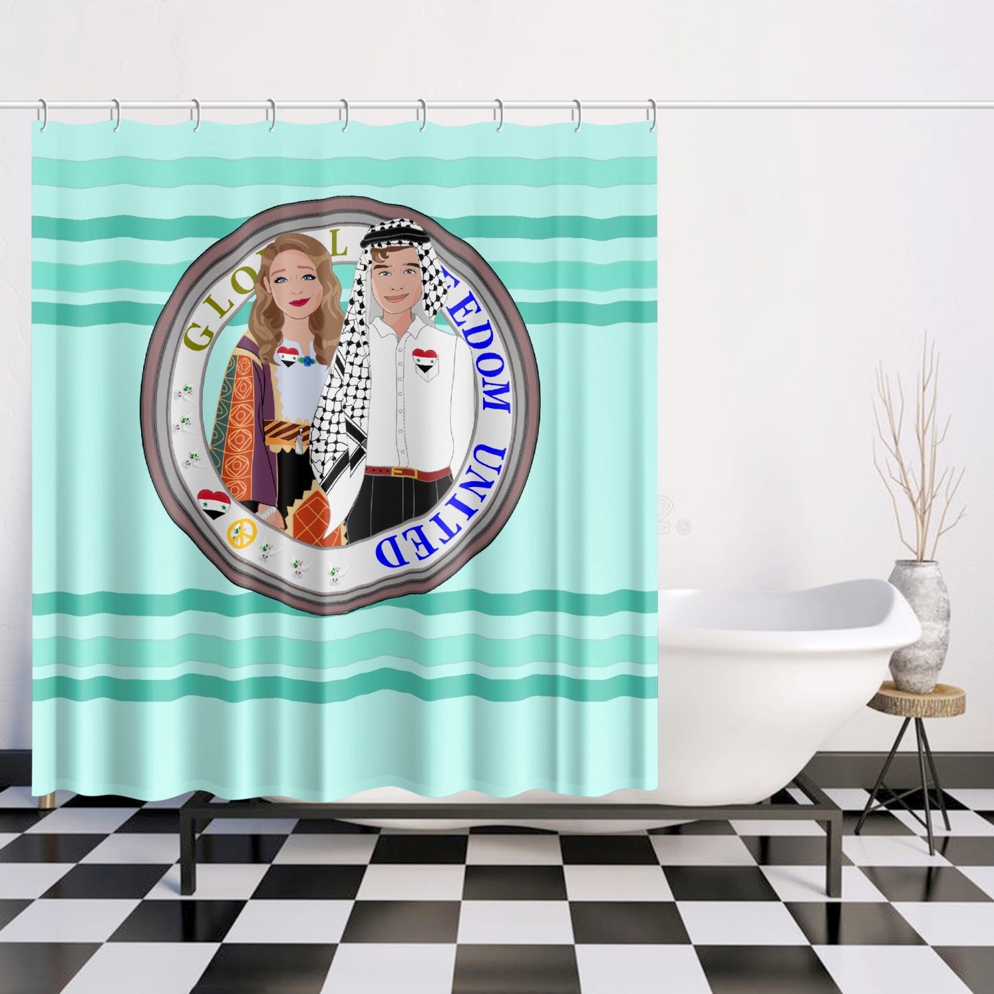 GLOBAL FREEDOM UNITED© Couple Syria Light Green - Quick-drying Shower Curtain
