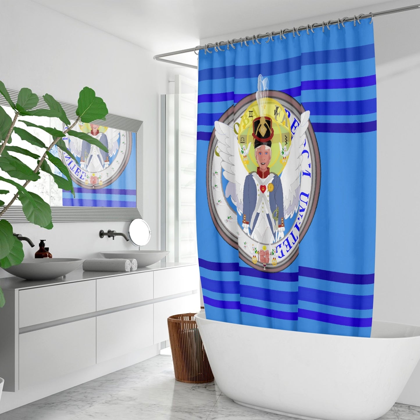 Quick-drying Shower Curtain GLOBAL FREEDOM UNITED© Archangel Michael Version 3 Deep Blue
