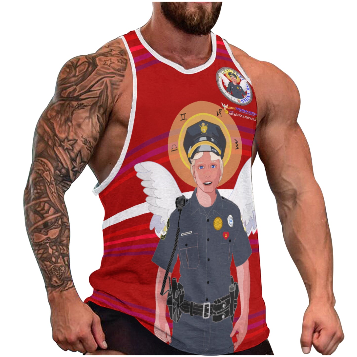 Bodybuilder Vest  GLOBAL FREEDOM UNITED© Archangel Michael As Policemen Red