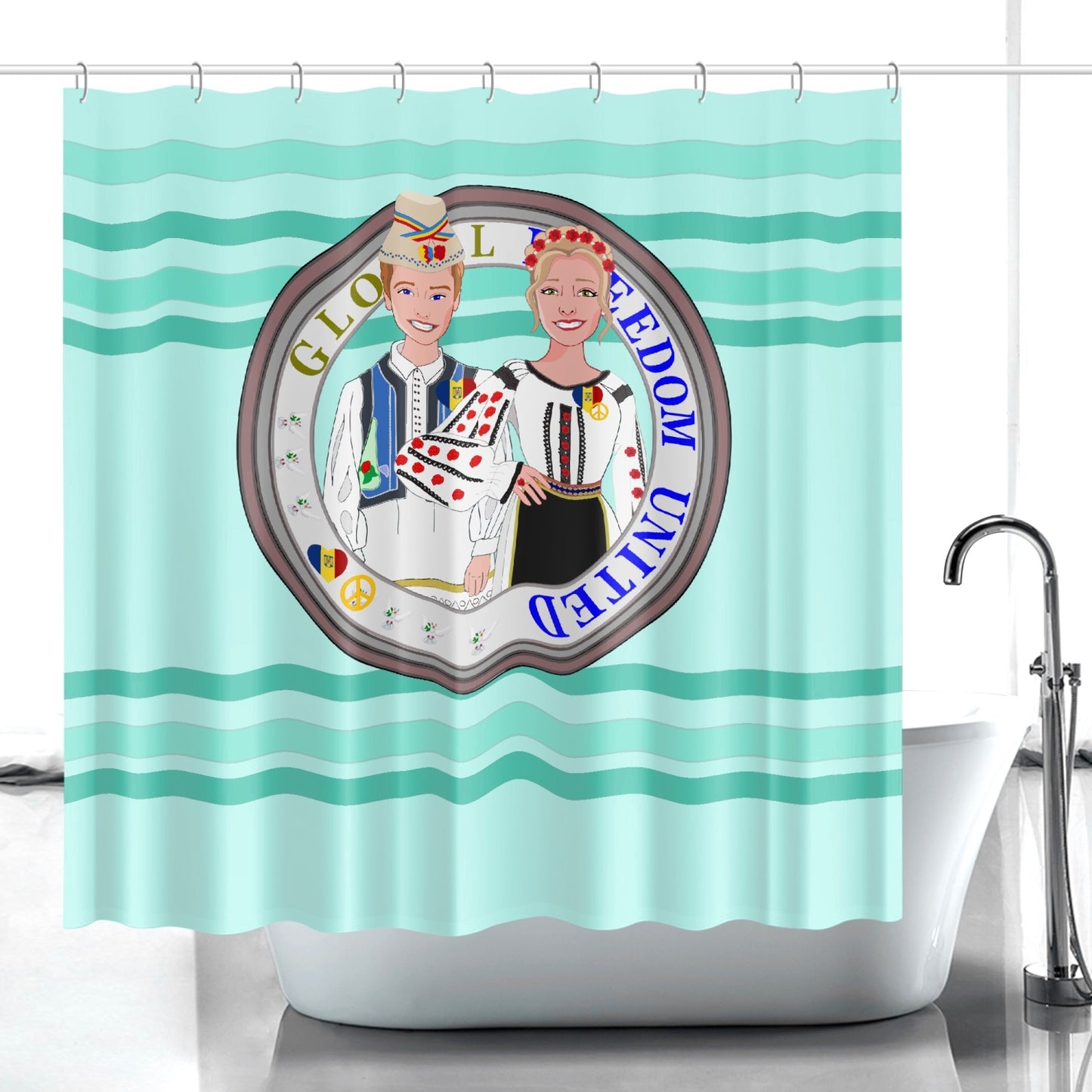 GLOBAL FREEDOM UNITED© Couple Romania Light Green - Quick-drying Shower Curtain