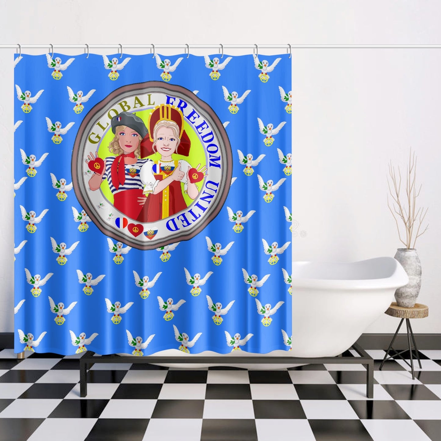 GLOBAL FREEDOM UNITED WOMEN FRENCH & RUSSIA OLD PEACE BLUE Quick-drying Shower Curtain