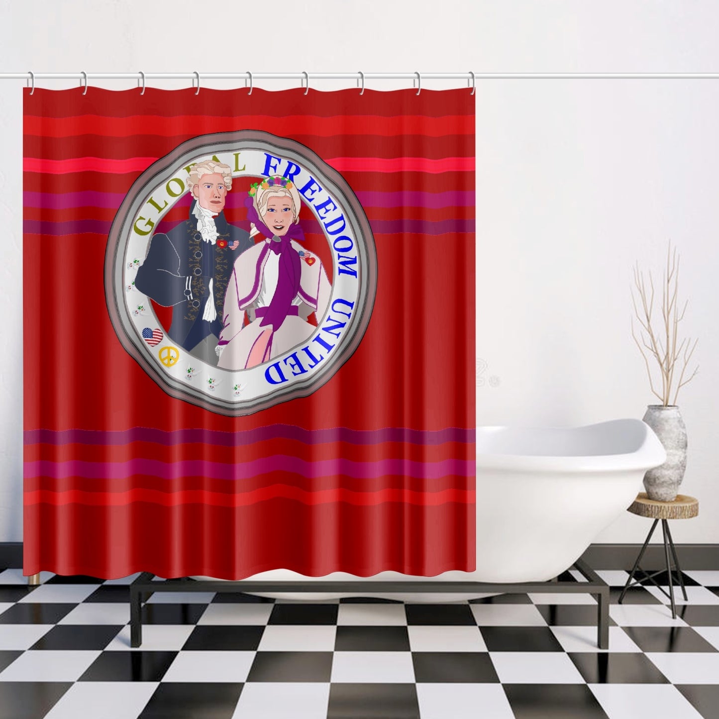 GLOBAL FREEDOM UNITED© Couple USA Georg Washington Red - Quick-drying Shower Curtain