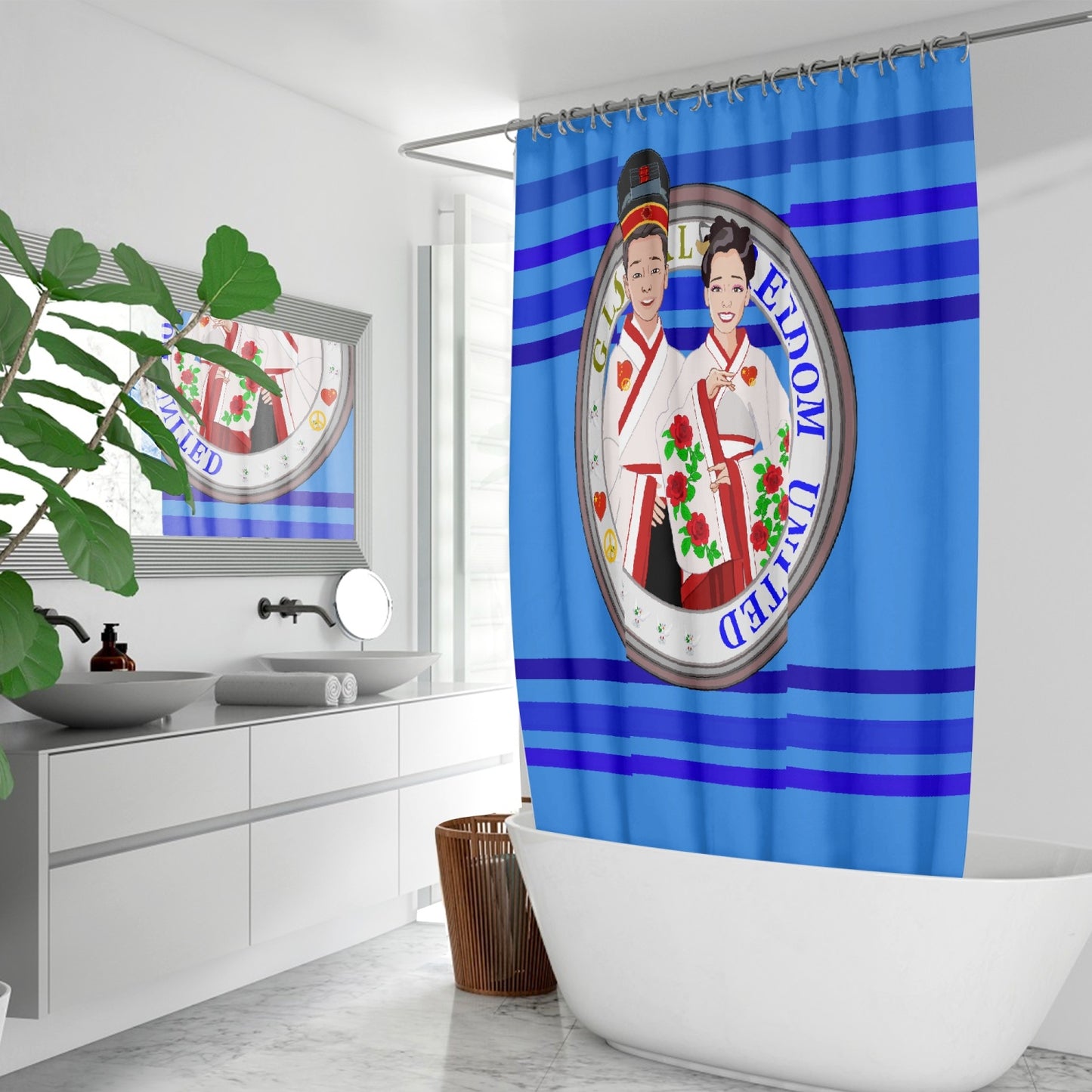 GLOBAL FREEDOM UNITED© Couple China Deep Blue - Quick-drying Shower Curtain