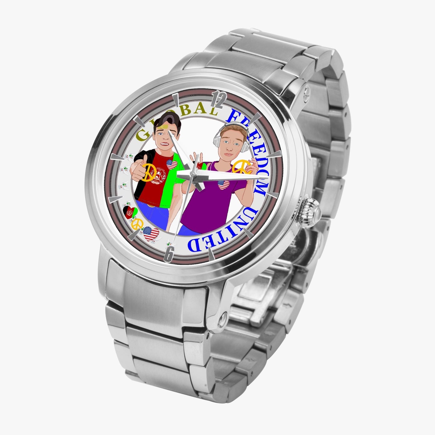 GLOBAL FREEDOM UNITED© New Steel Strap Automatic Watch (With Indicators) Men Afghanistan & USA V1