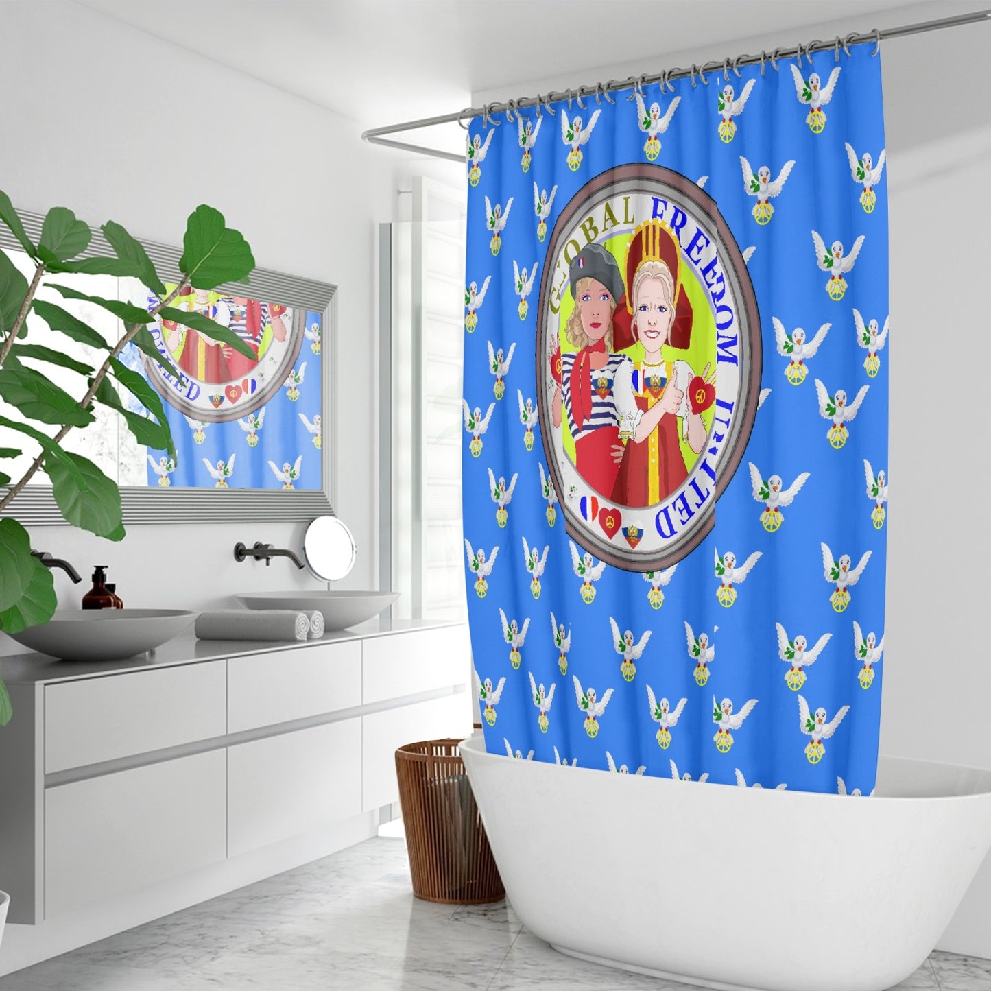 GLOBAL FREEDOM UNITED WOMEN FRENCH & RUSSIA OLD PEACE BLUE Quick-drying Shower Curtain