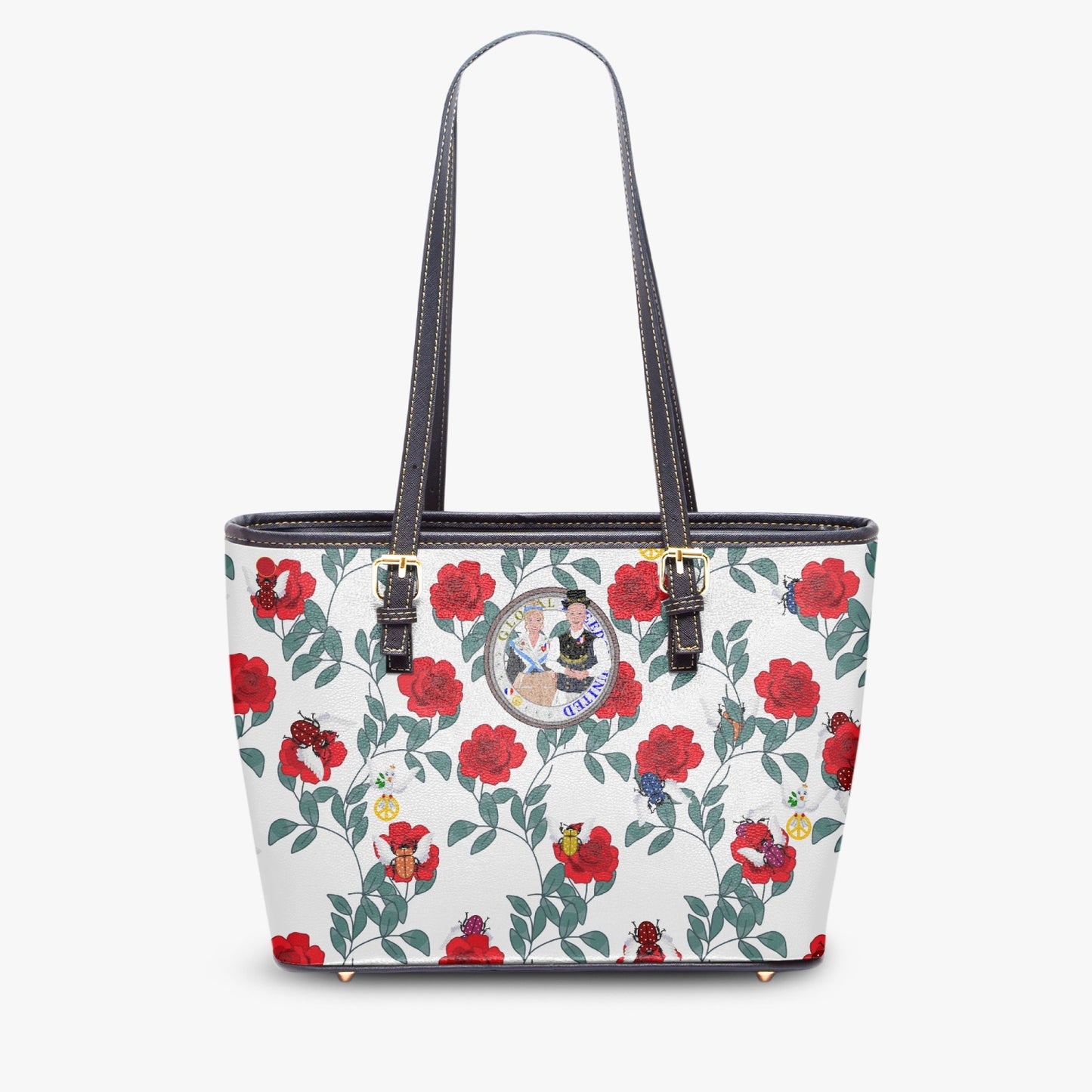 GLOBAL FREEDOM UNITED© Couple French Red Roses Large Leather Tote Bag for Women