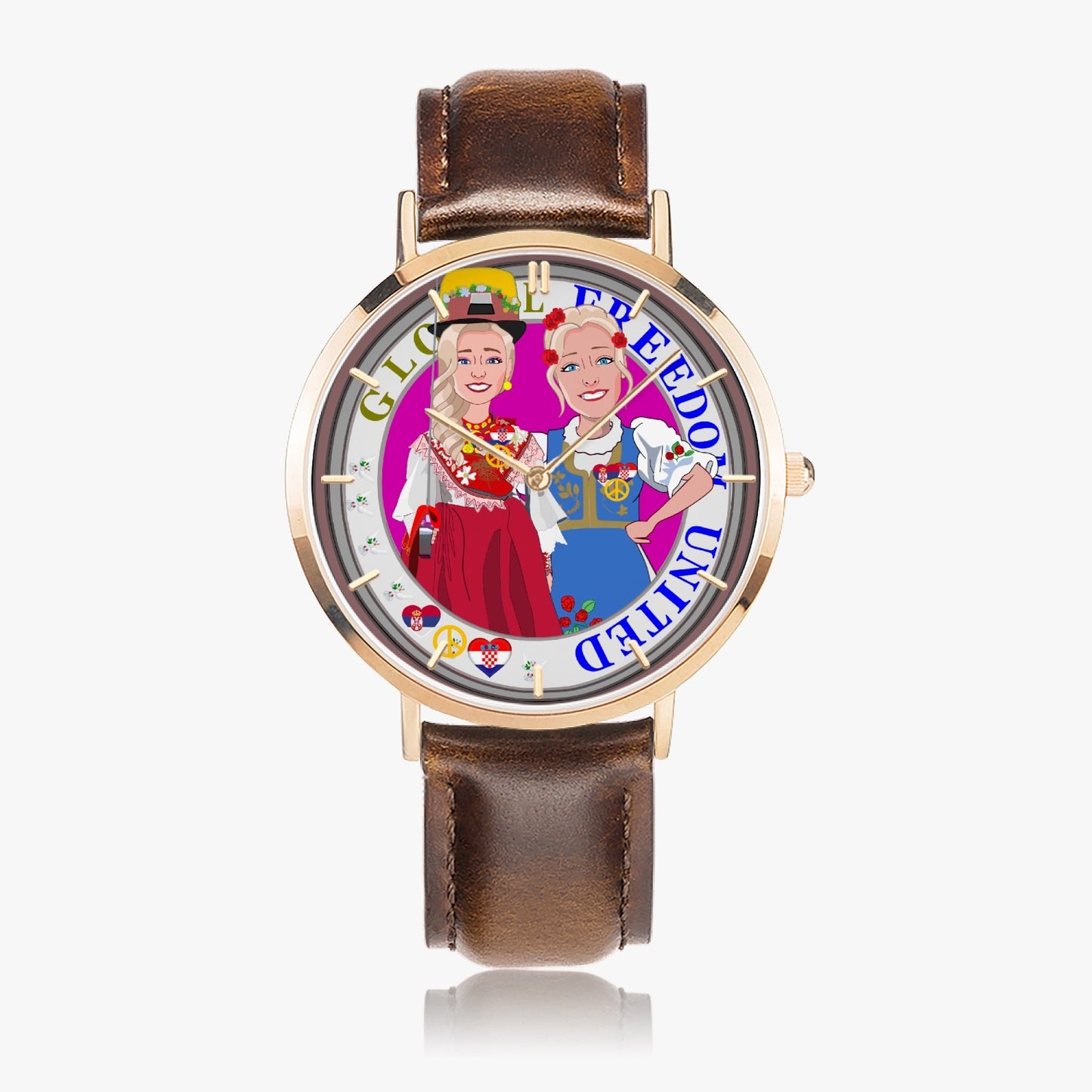 GLOBAL FREEDOM UNITED© Hot Selling Ultra-Thin Leather Strap Quartz Watch (Rose Gold With Indicators) Women Croatia & Serbia  V2